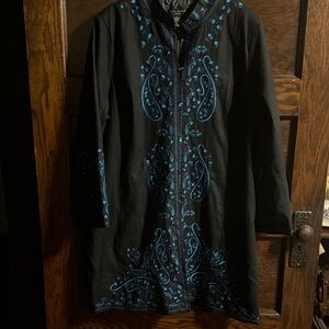 Anne Carson Black Long Jacket with Blue Embroidery, Size 1x